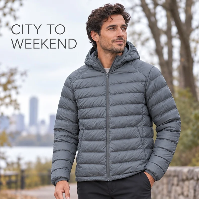 Men Lightweight White Duck Down Hooded Jacket Quilted Zip Front Coat Concealed Seam Pockets for Autumn Winter Casual Daily Wear