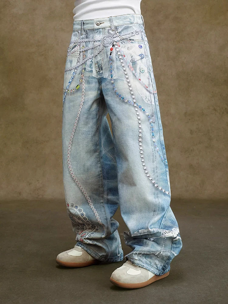 

Джинсы с кружевной цепочкой и бусинами в американском стиле, прямые брюки для мужчин и женщин, свободный крой, зимние брюки со средней талией...
