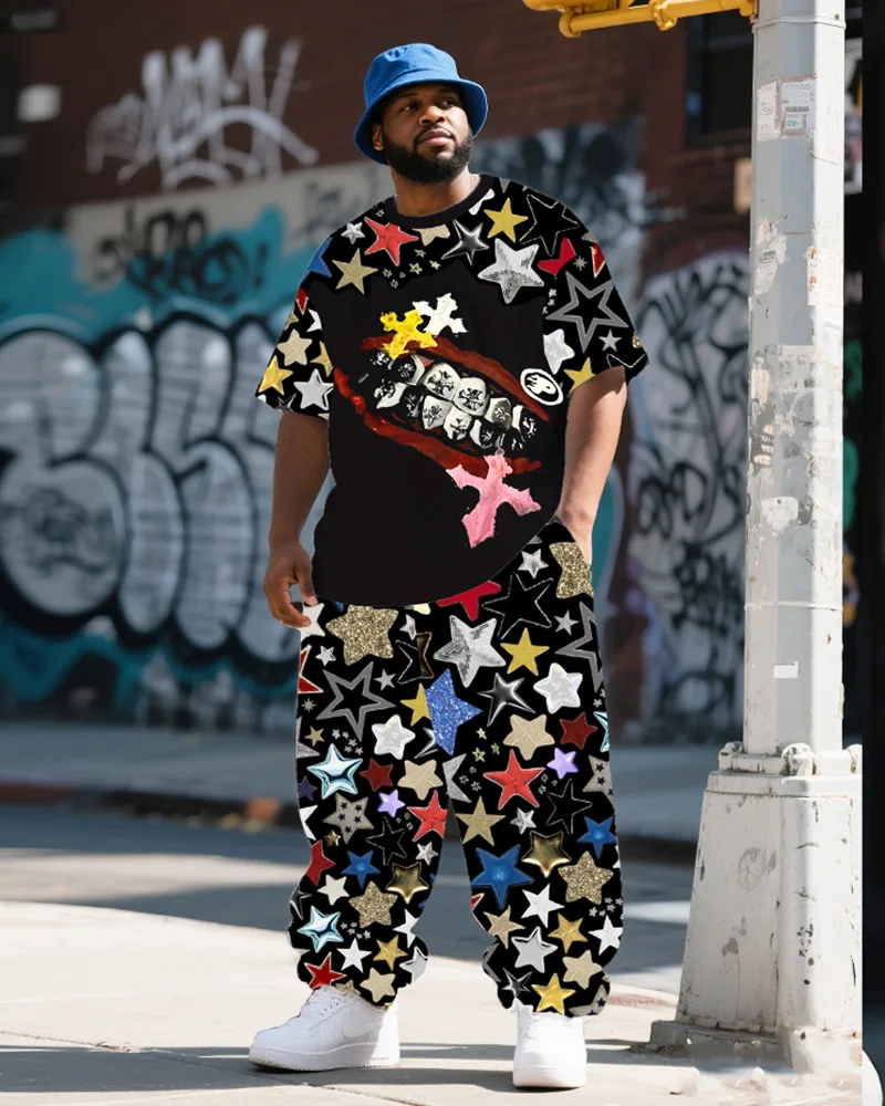 

S-9XL Мужская футболка больших размеров со звездами в стиле хип-хоп с короткими рукавами и брюки, комплект из 2 предметов