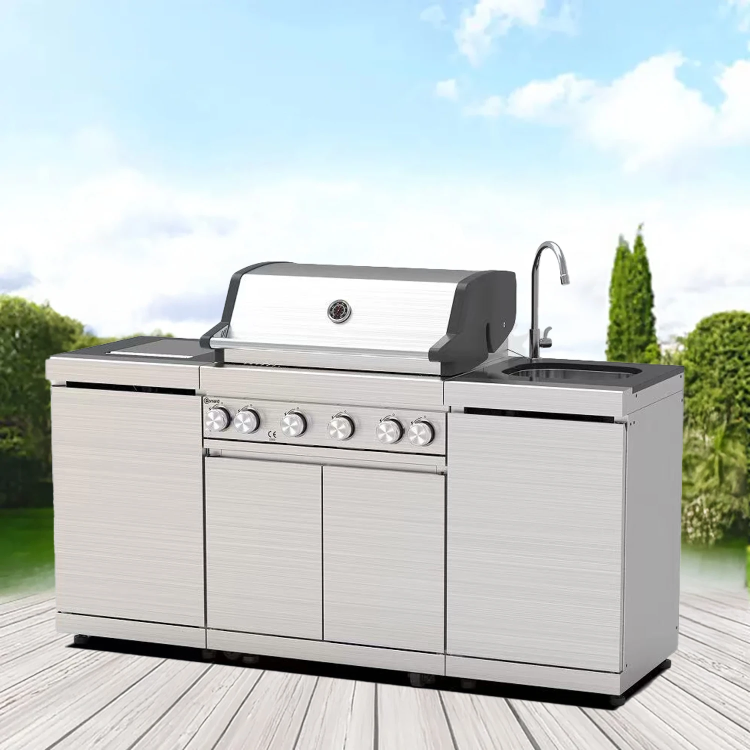 European Modern Premium Stainless Steel Gas BBQ Grill Cabinet 6 Burners Smokeless Roasting Features Outdoor Garden Kitchens