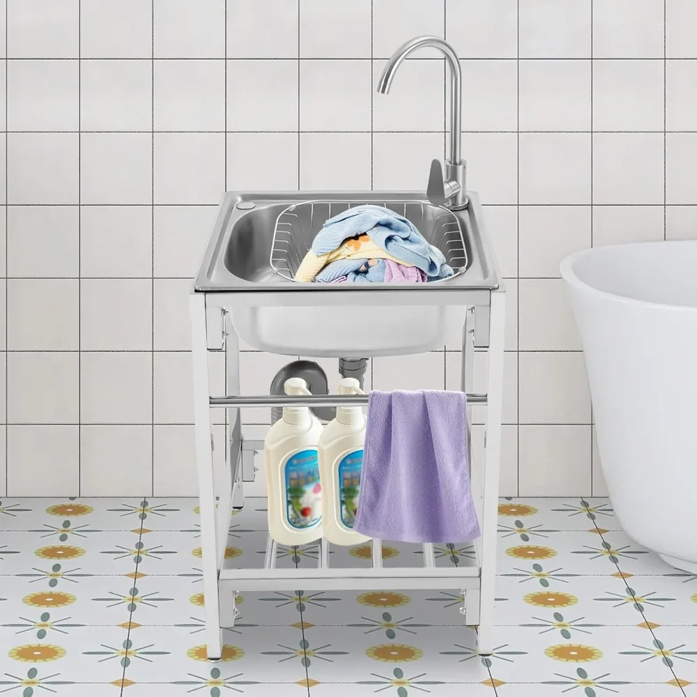 حوض فردي تجاري من الفولاذ المقاوم للصدأ مع صنبور ساخن/بارد وأرفف تخزين لغسل اليدين