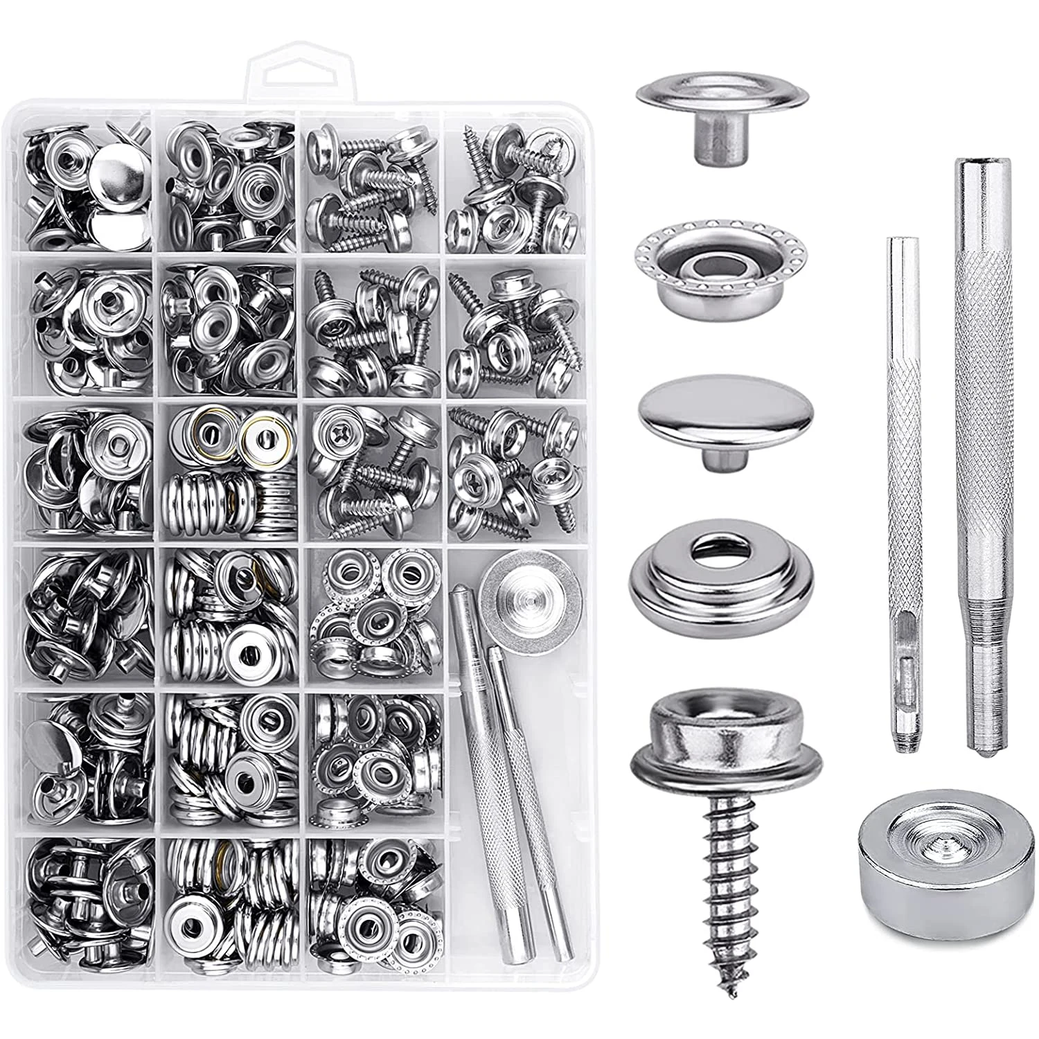 323 Piece Marine Canvas Snap Button Kit Stainless Steel Snaps Fasteners (Caps, Sockets, Screws, Fabric Base Components) for DIY