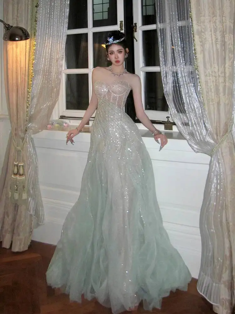 

Heavy Sequin Off-Shoulder Engagement Evening Dress High-End Light Luxury Niche Mermaid Elegant Dress For Adults