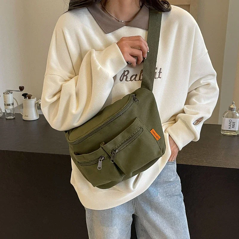 Military Green Canvas Waist Bag for Women Casual Travel Multiple Pockets Crossbody Chest Classic Large Capacity Anti Theft Belt