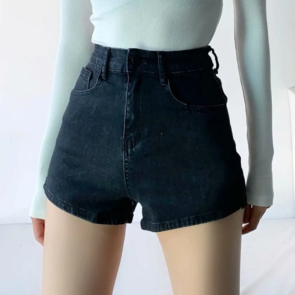 YPFF High Waist Slimming Denim Shorts for Women European American Style Summer Hot Pants with Side Slit Micro-Elastic Hip