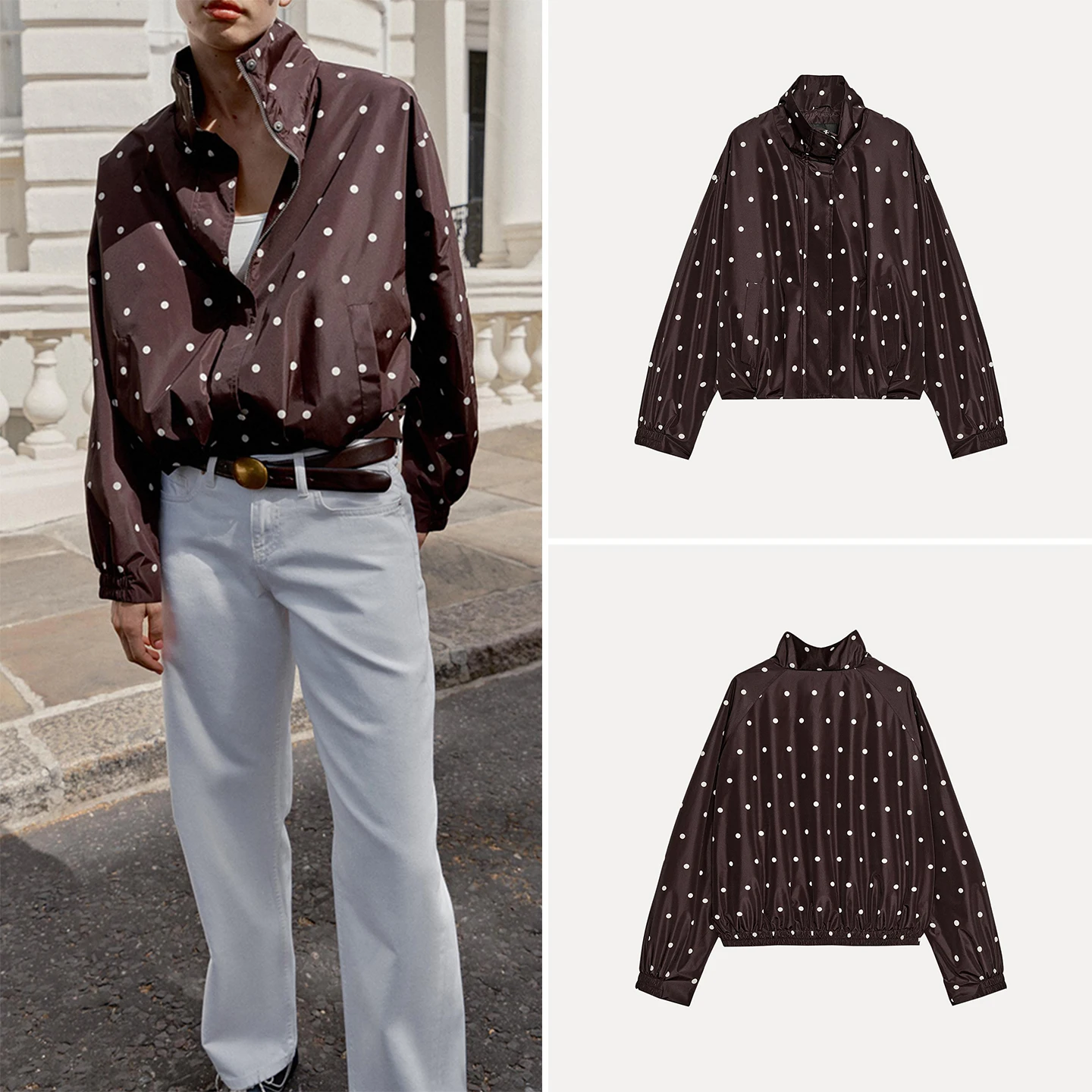 Women's Autumn 2026 Polka Dot Pilot Jacket Long Sleeve Stand Collar Outerwear Standard Fit ZADATA Brand Other Style Material