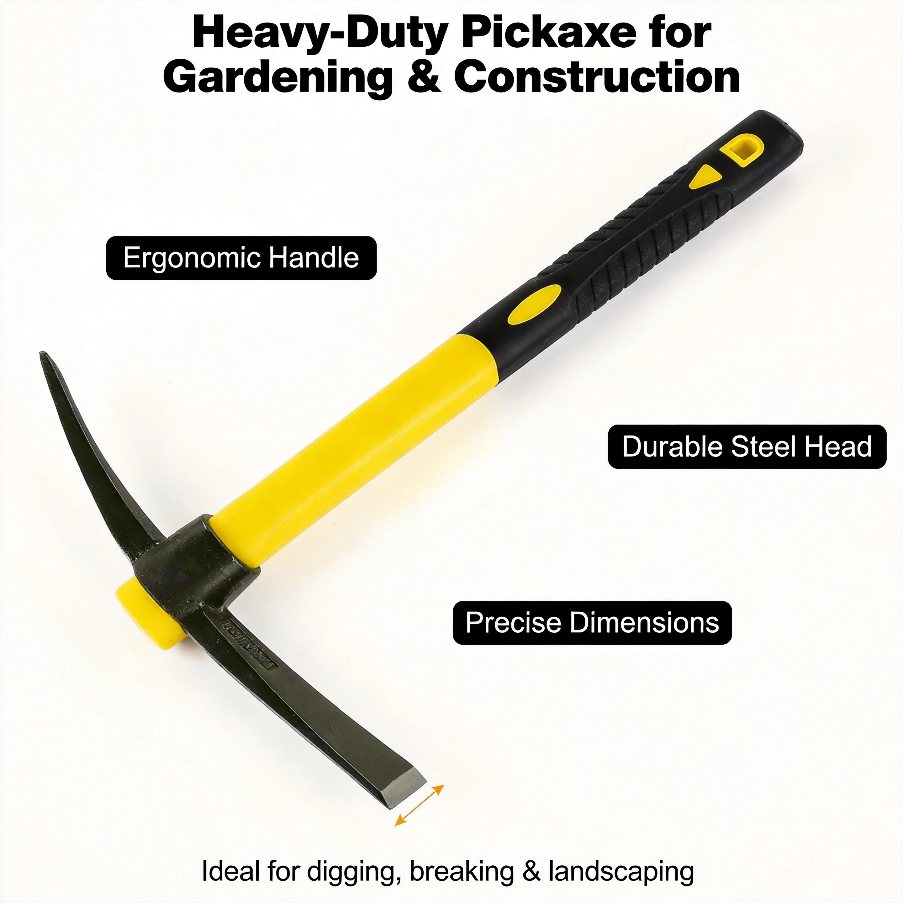 1-Piece 15-Inch Mattock Hoe Set with Yellow Fiberglass Handle - Durable Garden Tool for Soil Loosening and Cultivation