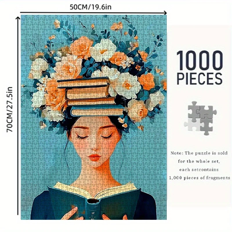 1000 Uds rompecabezas de papel DIY, chica de lectura, rompecabezas de flores y libros, rompecabezas para niñas, rompecabezas ilustrado, blanco de alta calidad