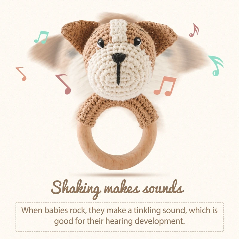 Baby Music Rattle Toy Newborn Dog Crochet Rattle Cute Animal Crochet Rattle Soother Wooden Bracelet Teether Kids Wooden Toys