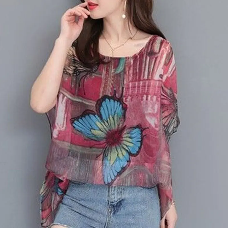 Summer Thin Casual Printed Korean Loose T-shirt Women\'s Clothing Patchwork All-match Round Neck Short Sleeve Chiffon Pullovers