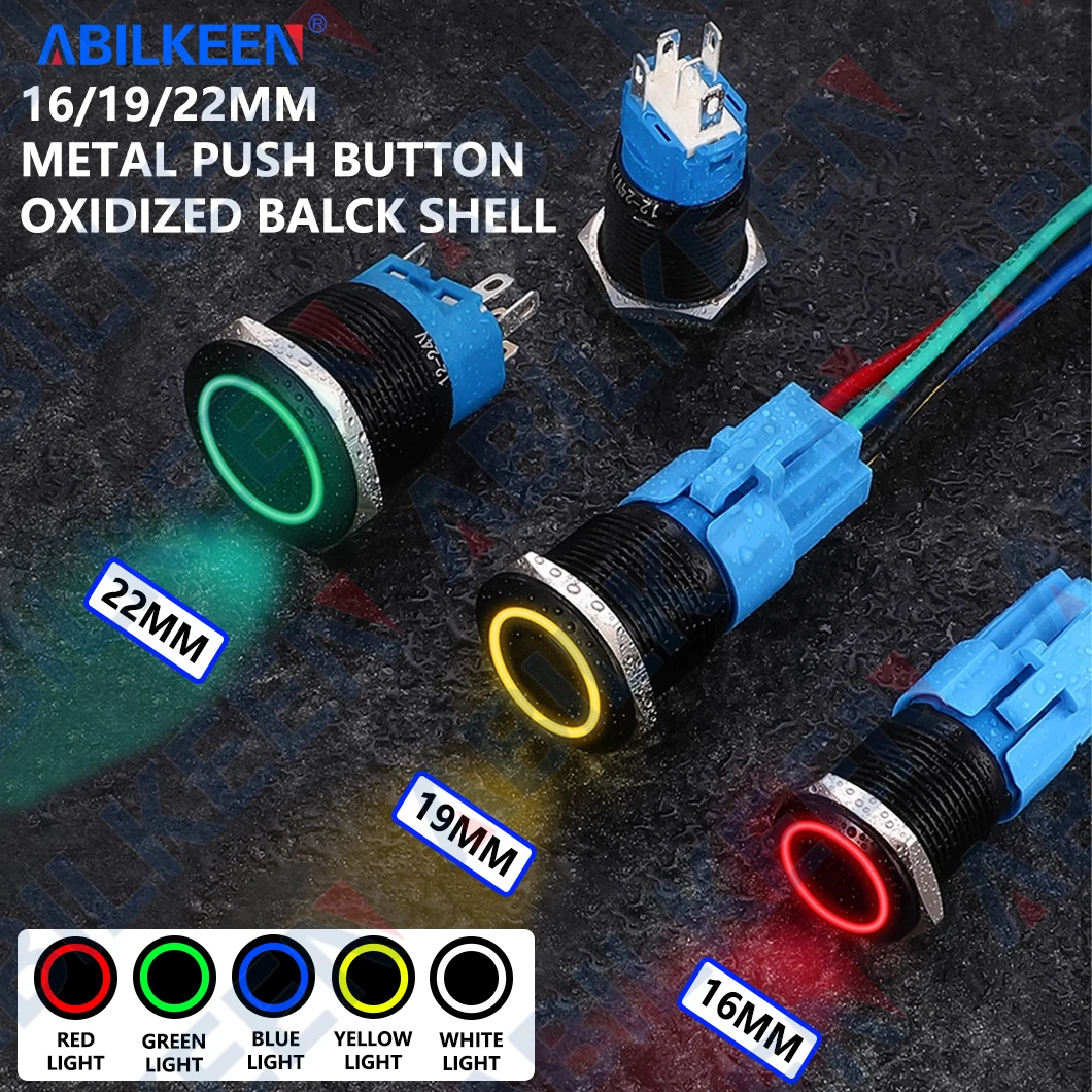 ABILKEEN 16/19/22MM Black Shell Metal Push Button Switch 1NO+1NC Momentary/Latching Push Button LED Ring Light AC/DC 6V/24V/220V