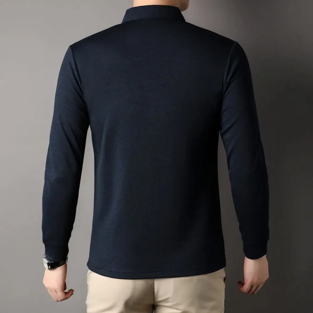 High Quality Soft Twill Lapel T-shirt Men's Business Leisure Top Autumn Winter Solid Color Warm Long Sleeves W5872