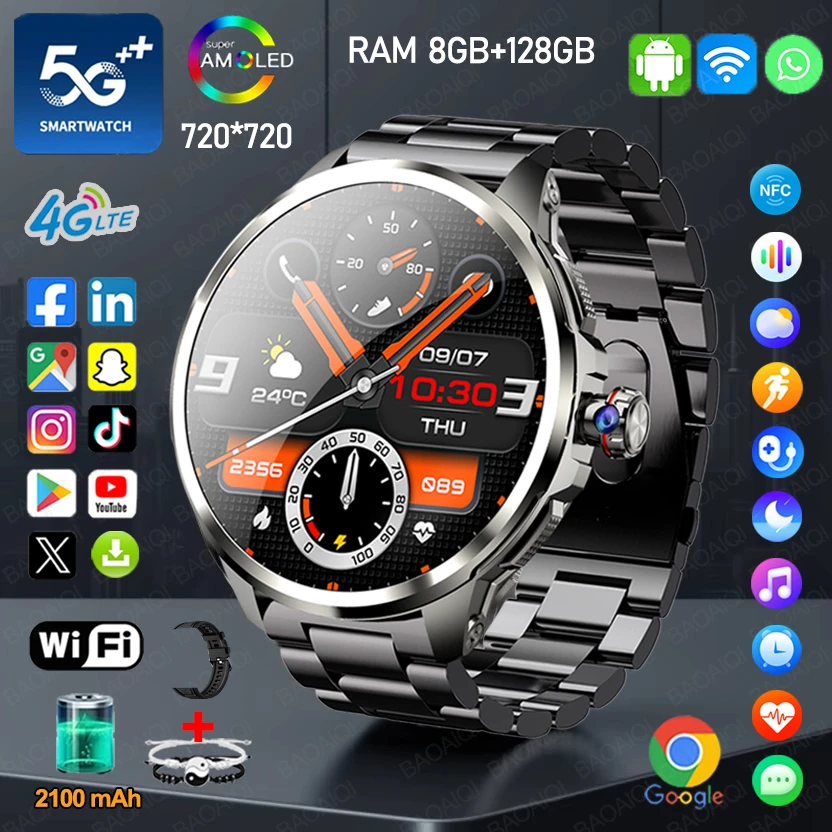 

5G/4G Full Netcom GPS Smart Watch 1.95 inch 720*720 AMOLED 2100mah Battery 900W Camera 8GB+128GB RAM WIFI Google APPS Smartwatch