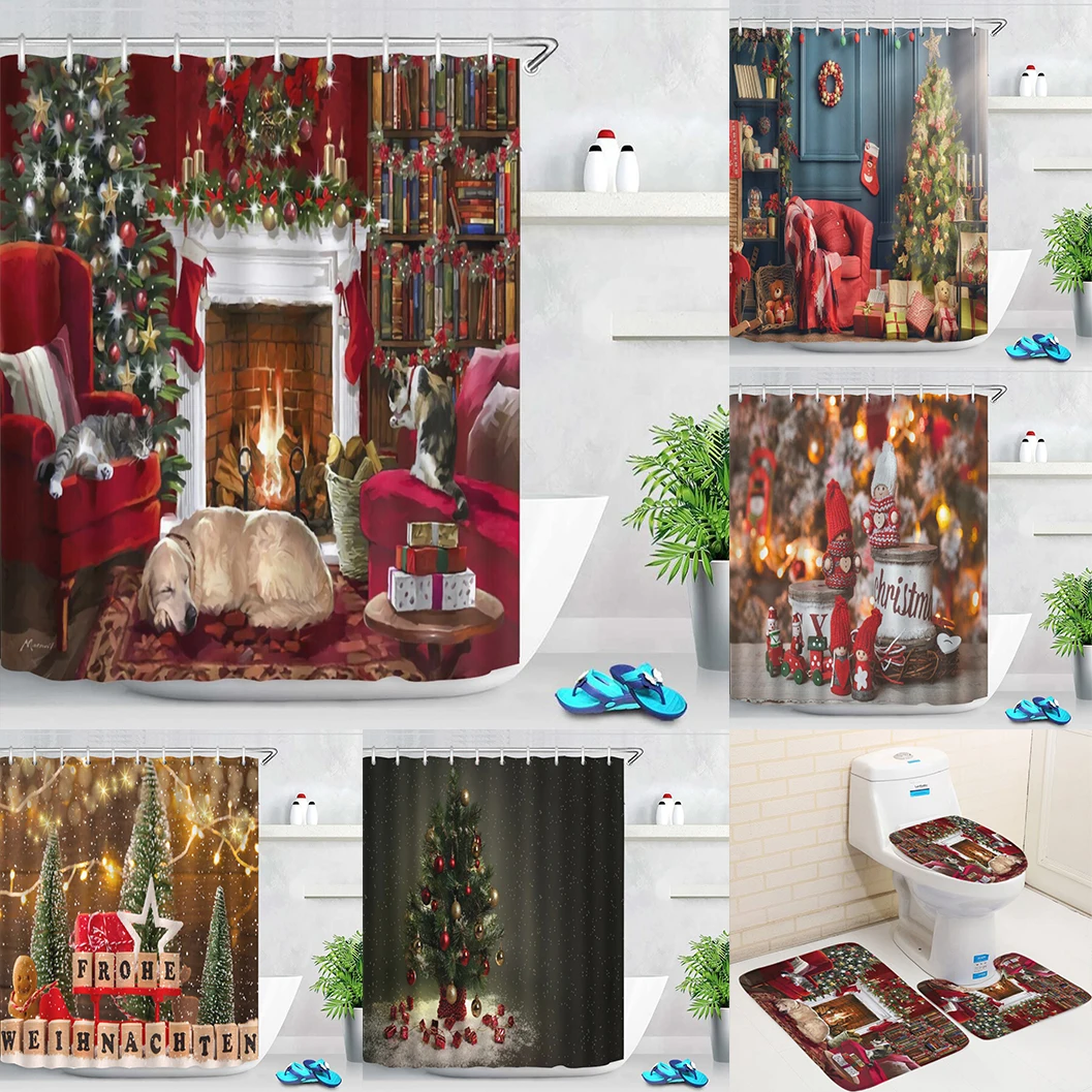 

Christmas Style Shower Curtain 3D Bath Bathroom Showers Screens Curtain Santa Claus Pattern Bathroom Sets Shower Curtins And Rug