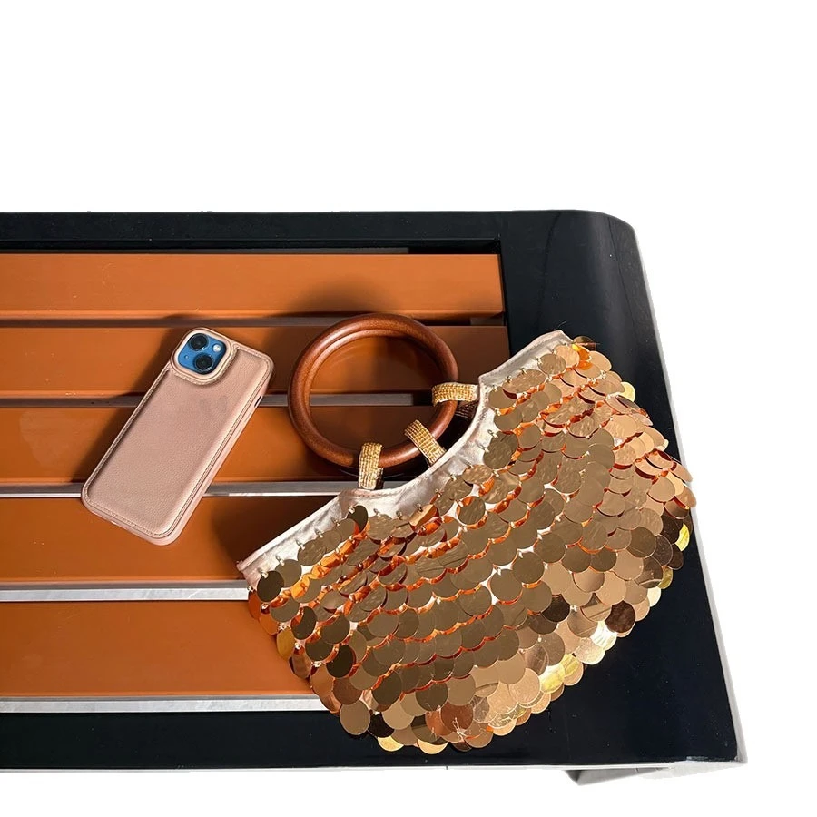gilt-sequined-ring-handbag-high-gloss-atmosphere-retro-wooden-handle-design-versatile-casual-bag