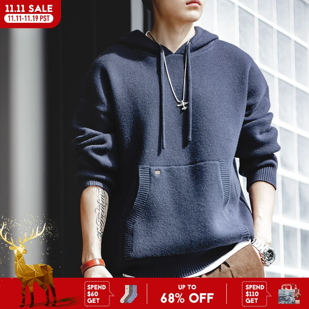 

Maden Navy Blue Knitted Hoodie Heavyweight Hooded Knit Pullover Casual Men's Blended Sweater Thickened Outwear Cityboy Workwear