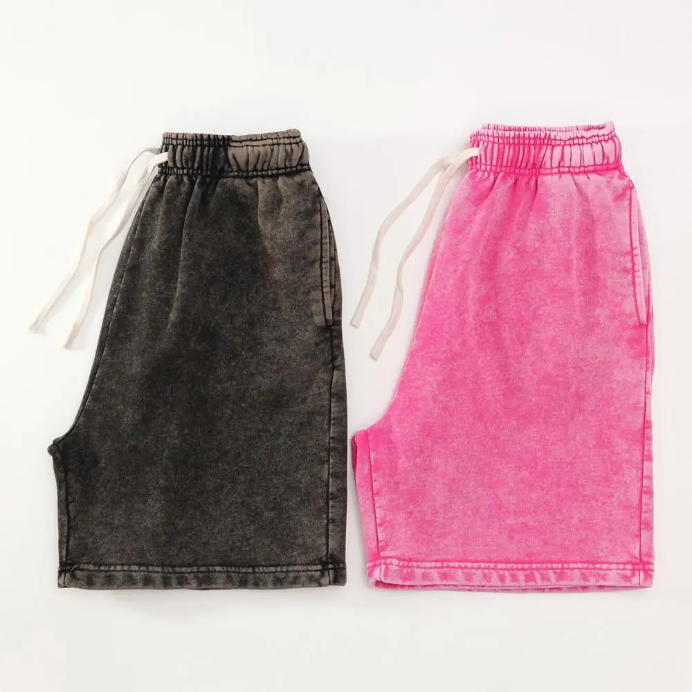 100% Cotton Retro Washed Summer Shorts Mens Loose Fit Batik Sports Beach Short 420G Solid Customized Street Trousers Oversized