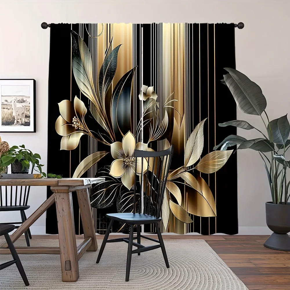 

Черные шторы с золотым цветочным принтом, современный роскошный декор для гостиной, элегантные оконные шторы с золотым узором, модный домашний интерьер