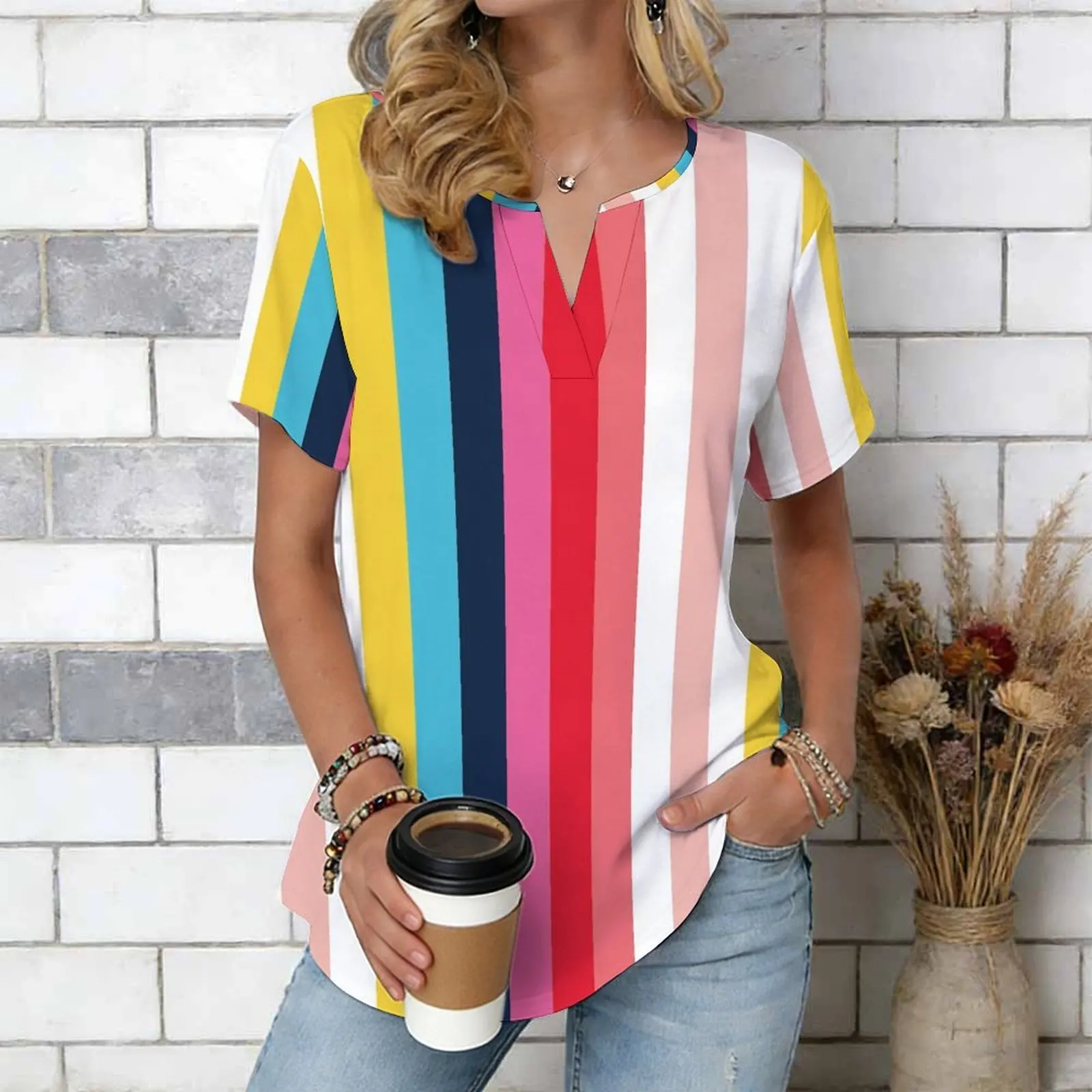 Women Print Notched V Neck Short Sleeve Casual Loose Tunic Tops