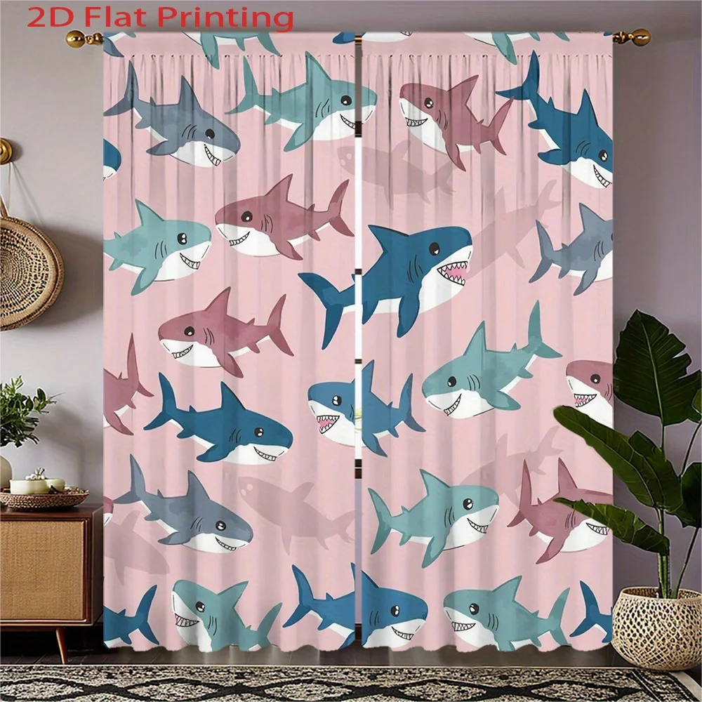 Cute Shark Curtains 2pcs – Pink Background with Blue & Purple Cartoon Sharks, Kids Room Decor for Nursery and Children's Bedroom