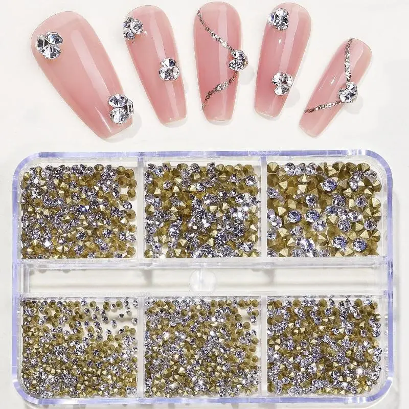 1Box 3D Mini Transparent Nail Rhinestones Decorations Glass Gold Sharped Bottomed Nail Art Crystal for DIY Nails Accessories