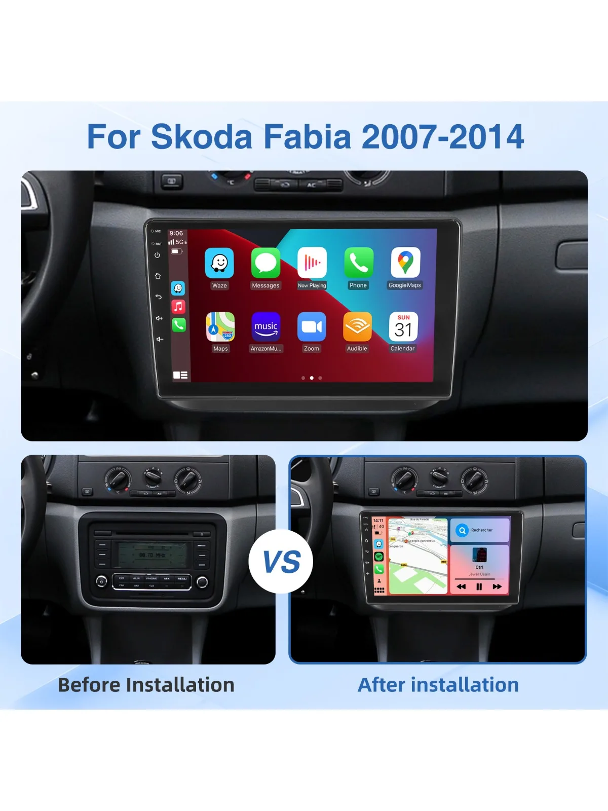 MOPECT 10 inch autoradio voor Skoda Fabia II 2007-2014 4+64GB Android 15.0 Carplay BT touchscreen AM/FM GPS navigatie SWC+DVR&AHD - afbeelding 2