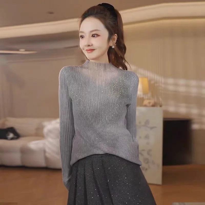 

Осень 2023, женская вязаная рубашка с воротником-стойкой, свободная базовая рубашка, топы с сеткой и бисером, свитер из смеси шерсти F313