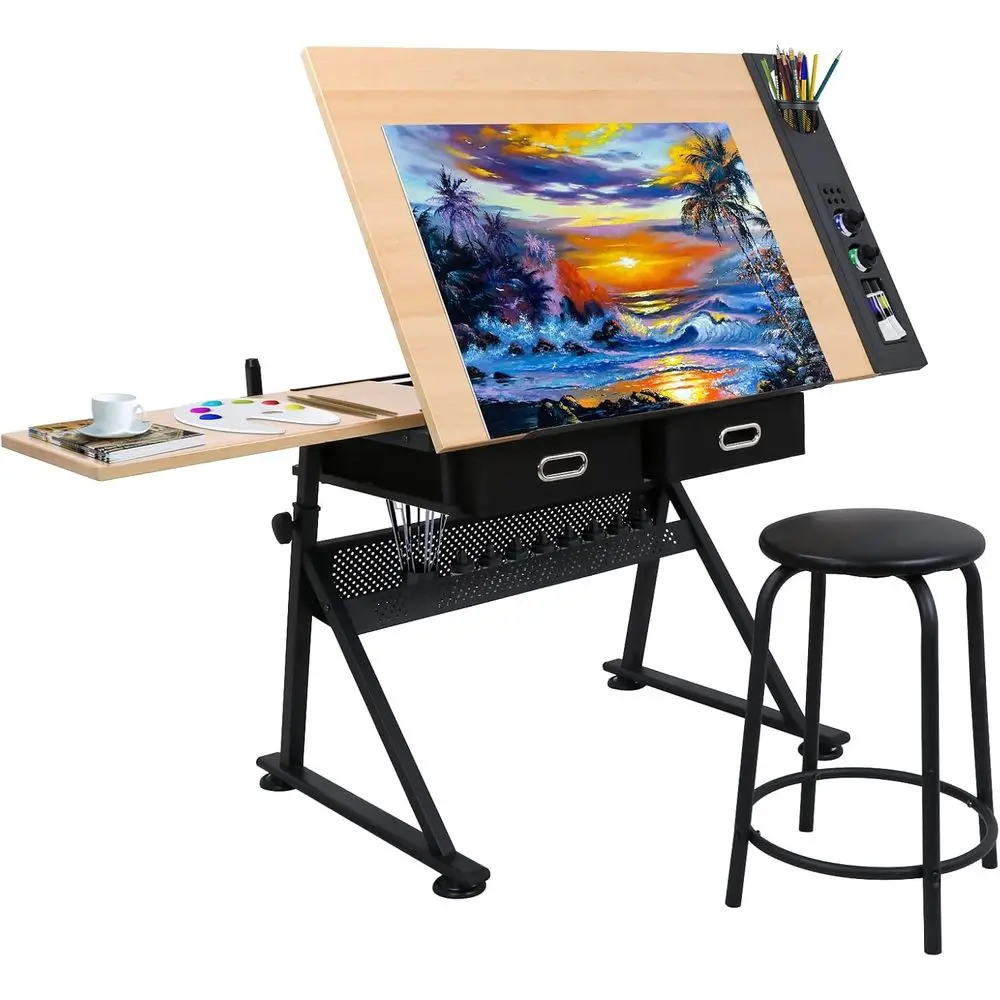 

Height Adjustable Artist Table Tilted Tabletop with Drafting Stool and Storage Drawer for Reading, Writing, Crafting, Painting A