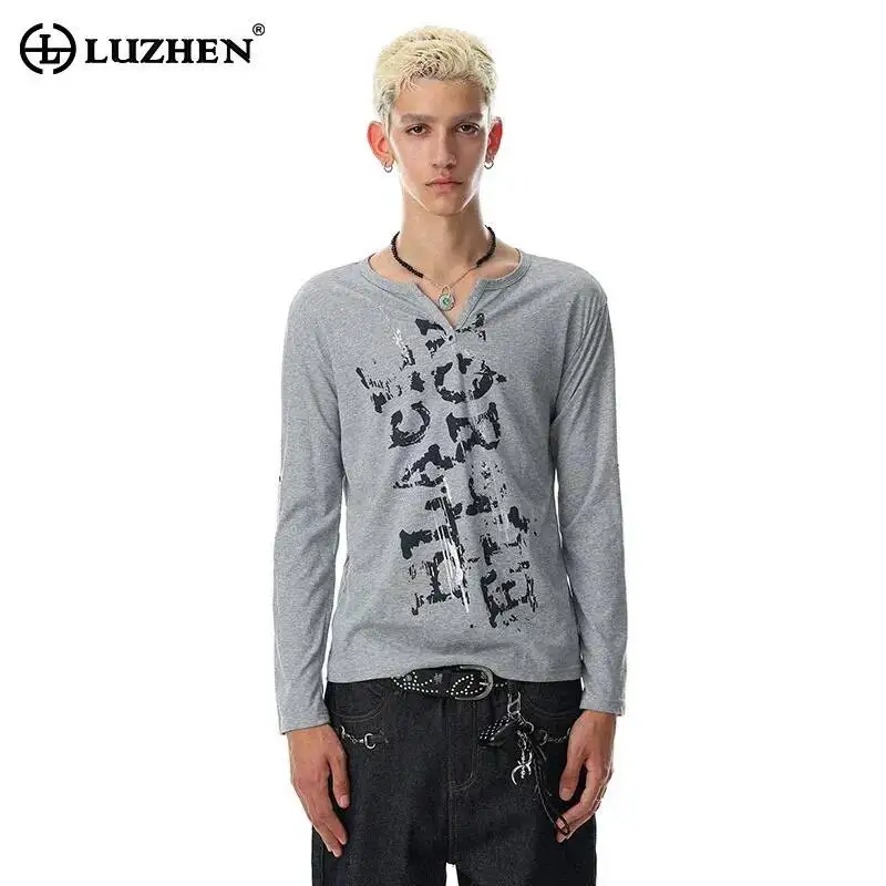 LUZHEN 2026 New Fashion Printed Pattern V-neck Long Sleeve T-shirts Men's Handsome High Quality Original Casual Clothes JY7955