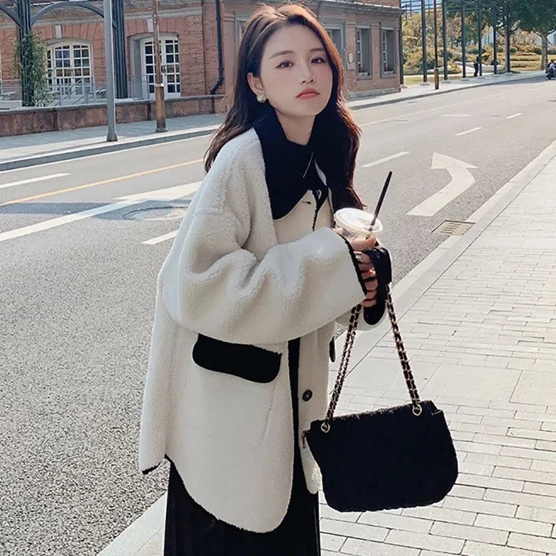 Lady Faux Fur Jacke Vintage Preppy Little Fragrance With Two Sides Wear Lamb Wool Coat Women Autumn/Winter 2023 New Top Commutin