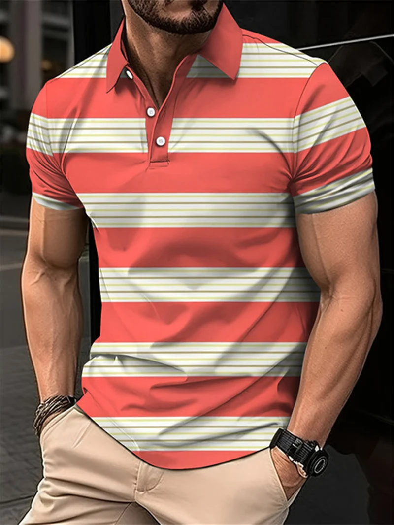 Men's 3D digital printed short sleeved lapel striped shirt, summer business casual top, innovative in 2024