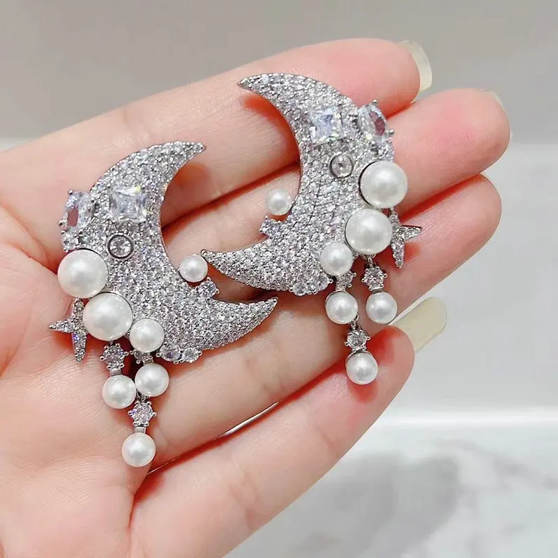 Bilincolor Royal Blue Cubic Zirconia and White Pearl Moon Earring for Women