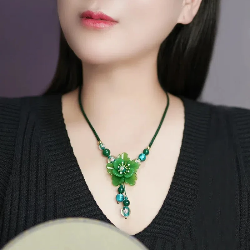 

New Hanfu Clavicle Chain Necklace Antique Ethnic Style Pendant Accessories Green Women's High-grade Sense Rope Decoration Agate