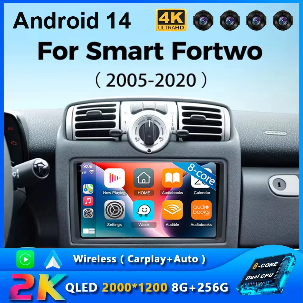 Carplay Android 14 System Car DVD Multimedia Player For Mercedes/Benz Smart Fortwo 2005 - 2020 WiFi Radio Stereo GPS