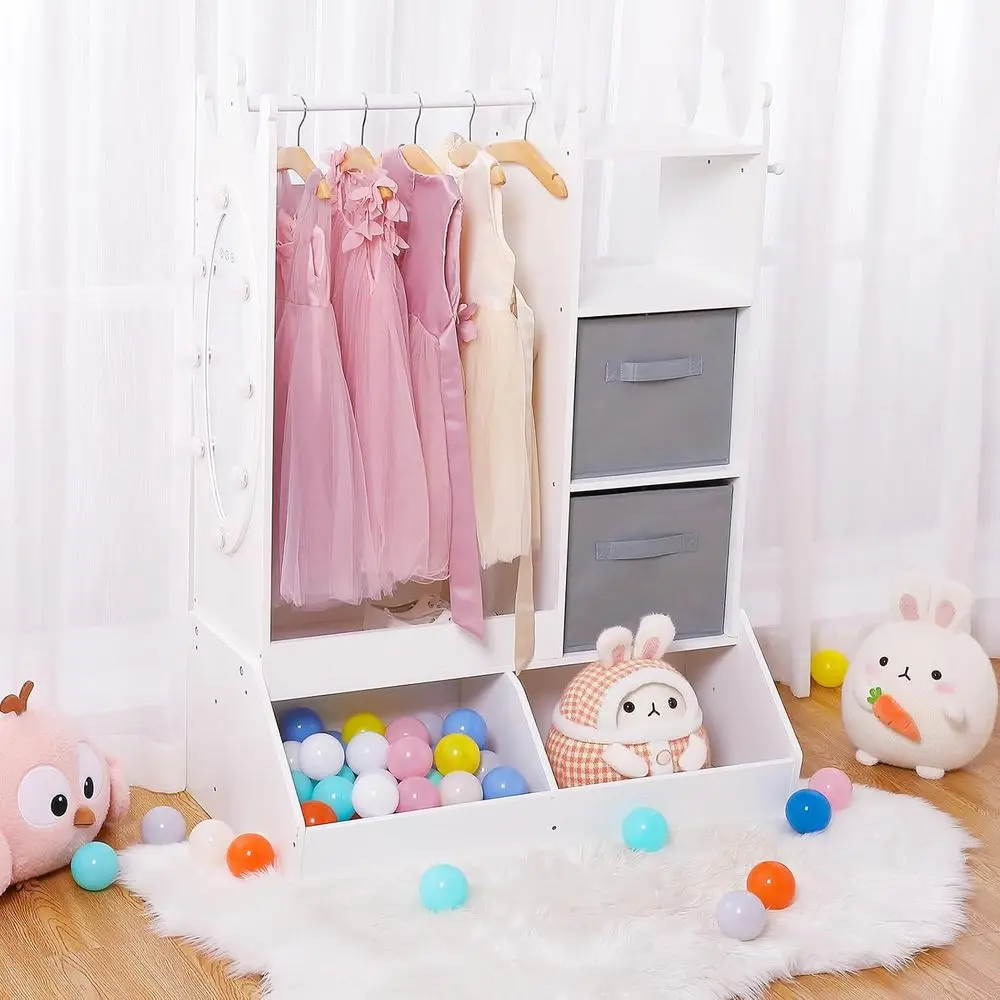 Guarda-Roupa Infantil Rosa com Espelho e Espaço para Pendurar Roupas para Quarto de Meninas ou Sala de Brincar