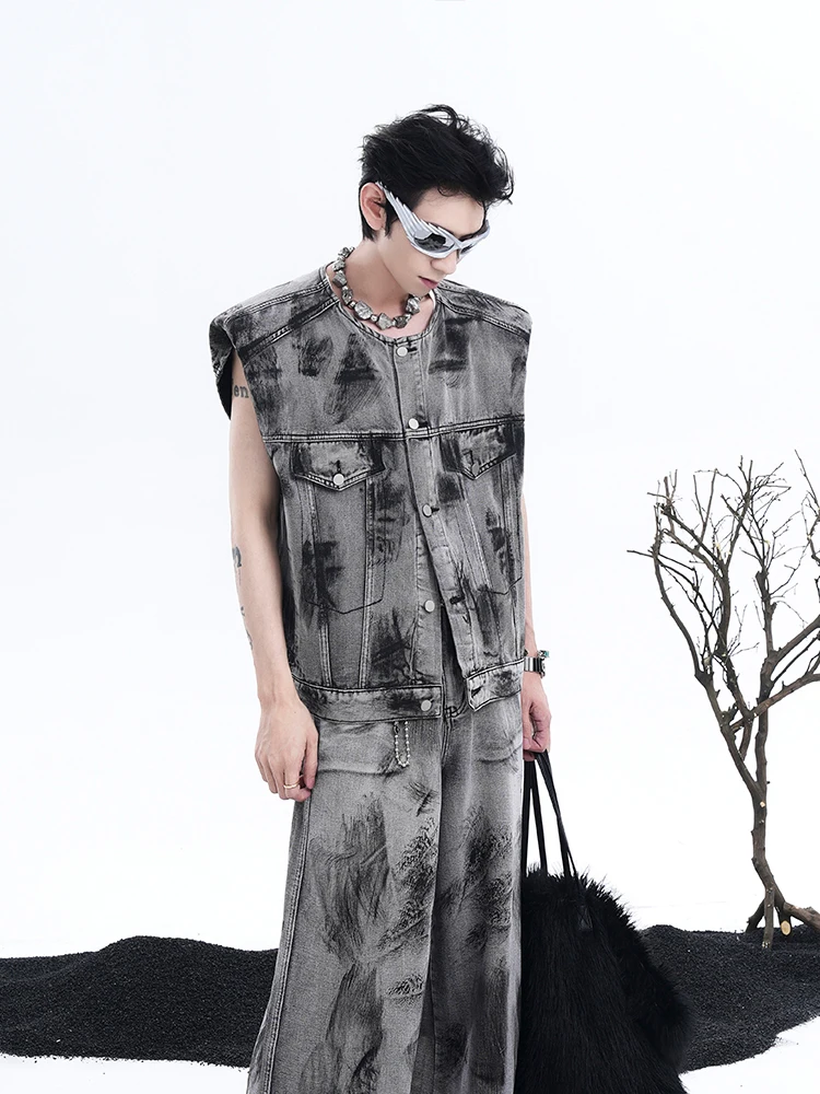 StarTexceedend American Street Graffiti Pad Shoulder Sleeveless Jeans Jacket Men's Vest Set Breathable Youthful Style Summer ...