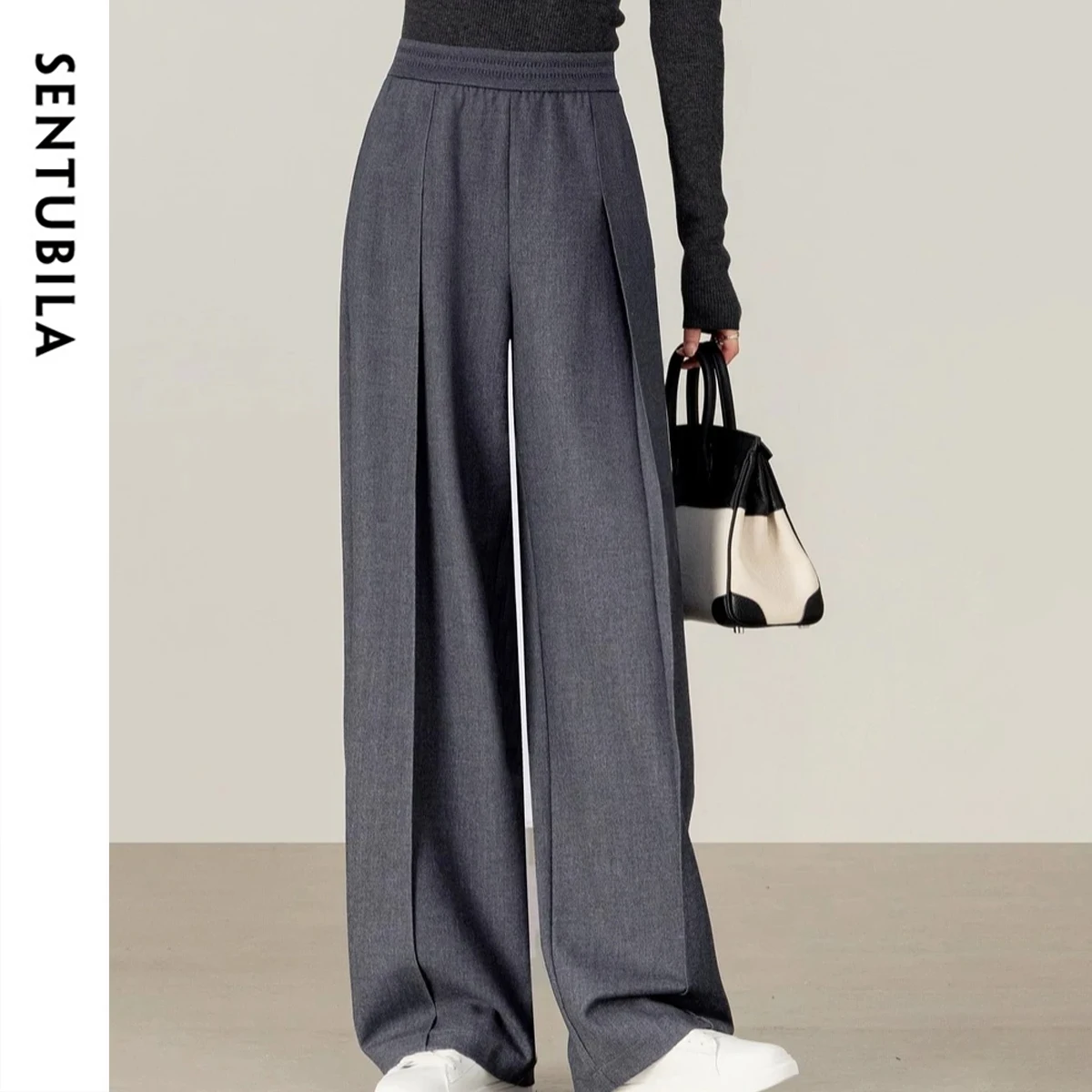 

SENTUBILA Gray Wide Pants for Woman 2025 Autumn Elastic Waistband Wide-leg Trousers Ladies Elegant Bottoms Women 153KN1628