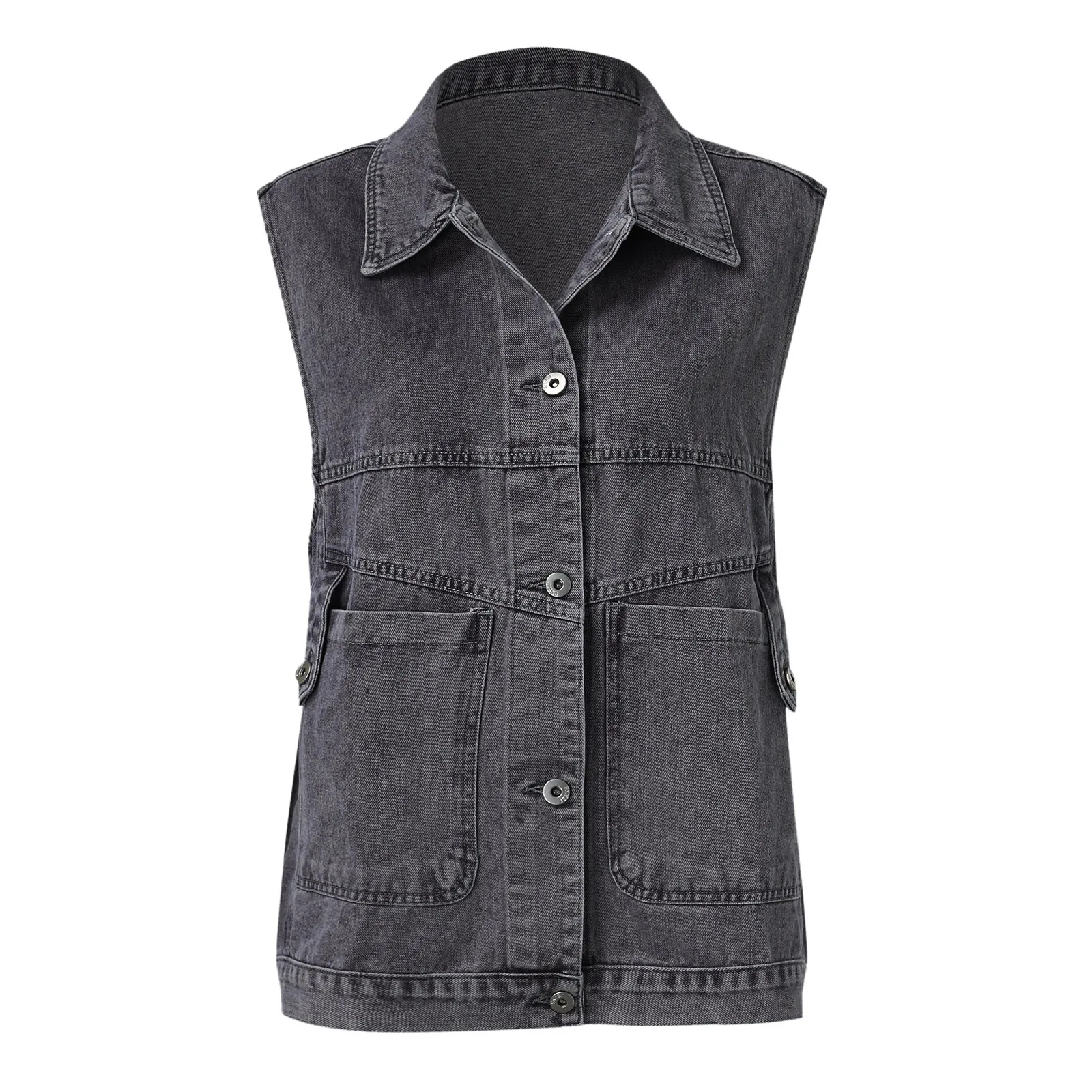 Gray Woman Denim Vest Outerwear Fashion Lapel Collar Single Breasted Vest Jackets Coat Sleeveless Denim Top Jacket For Women