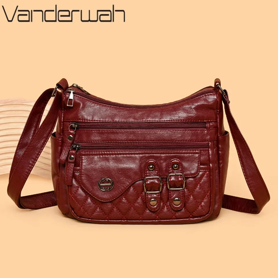 

Vintage Solid Color Women's Shoulder Bag Wash Leather Bag for Elderly Mother's Purse Soft Leather Travel Shoulder Cross-body Sac