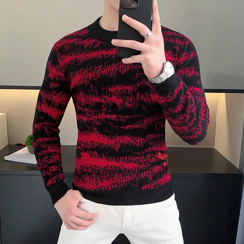 Autumn Winter Velvet Knitted Sweater Men Long Sleeve Casual Business Sweaters Comfortable Warm Versatile Social Pullover Tops