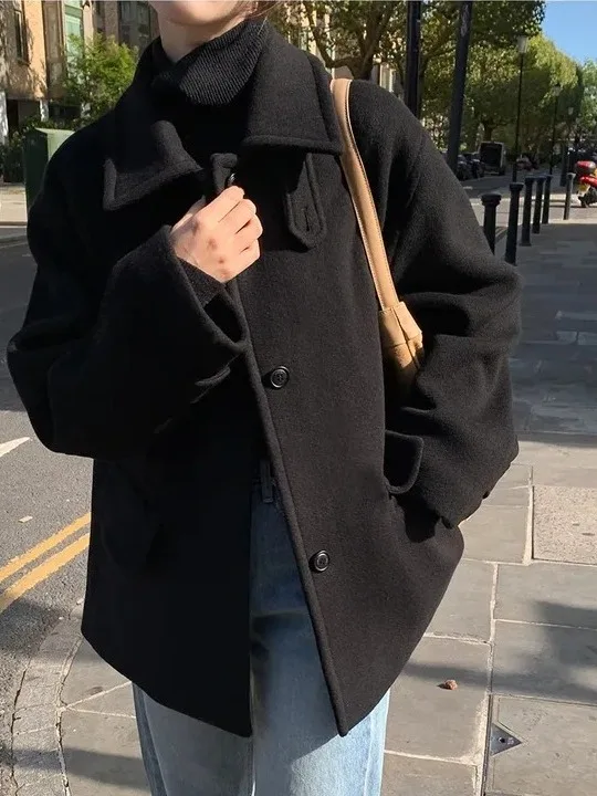 Zimowy płaszcz wełniany damski w stylu retro, brytyjski, z wysokim kołnierzem, zapinany na jeden guzik, uniwersalny płaszcz wełniany, luźny krój, idealny do dojazdów...