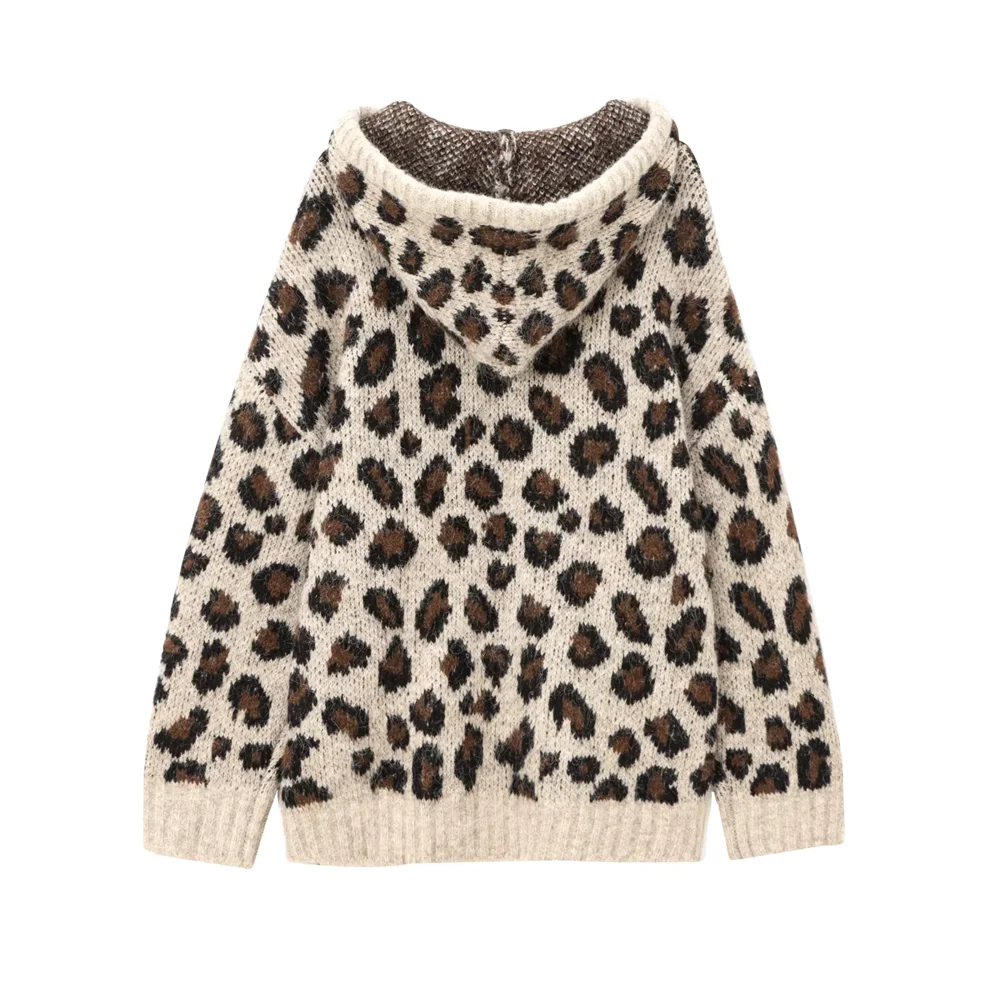 Autumn and Winter New Products Casual Loose Leopard Pattern Jacquard Hoodie Sweater Knitted Sweater Sweater Sweater