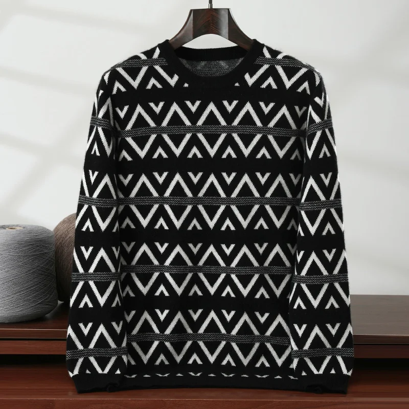 

Trendy Men's 100% Pure Cashmere Pullover High Quality Knitted Sweater Loose Round Neck Tops Thick Streetwear Pull Jumper