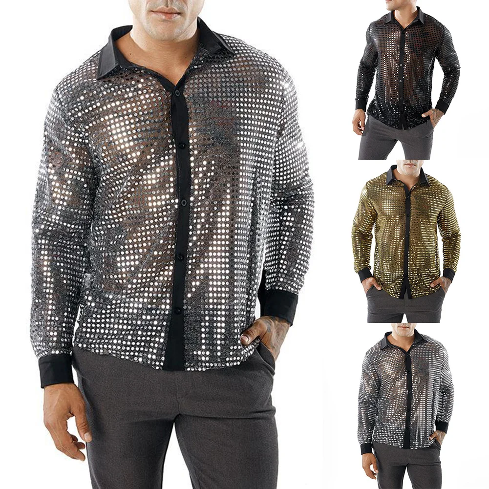 Camisa de lantejoulas e malha de poliéster masculina, camisa confortável masculina, prata dourada, preto, diário 1, boate, primavera