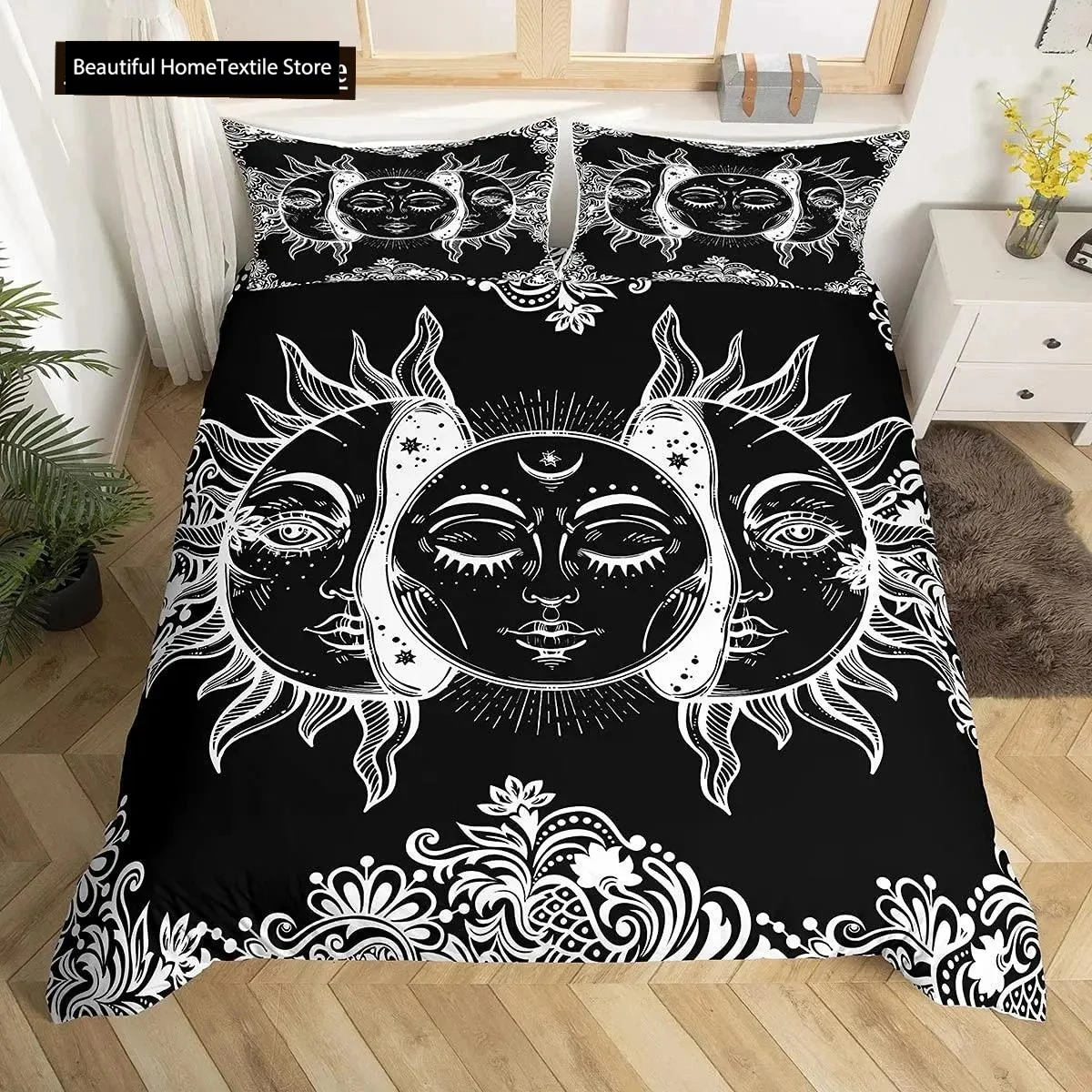 

Mandala Duvet Cover Set Sun And Moon Comforter Cover Ties Exotic Style Black And White Botanical Floral Polyester Bedding Set
