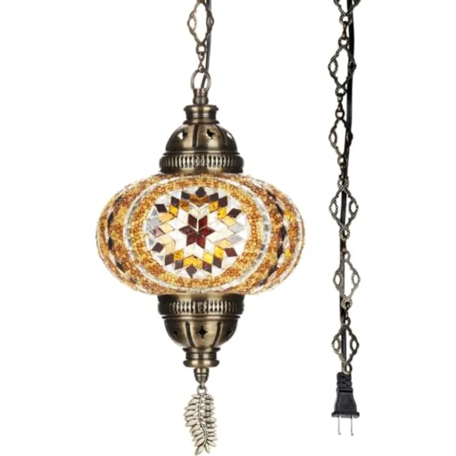 

Plug-in Turkish Moroccan Mosaic Hanging Pendant Ceiling Light Swag Lamp Fixture with 15Feet Cord and Chain Handcrafted Glass Ti