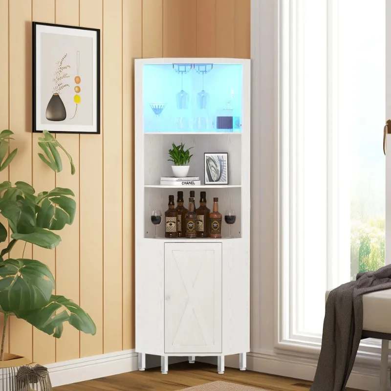 

5-Tier Corner Bar Cabinet with LED Lights, Glass Holder, & Wine Rack,