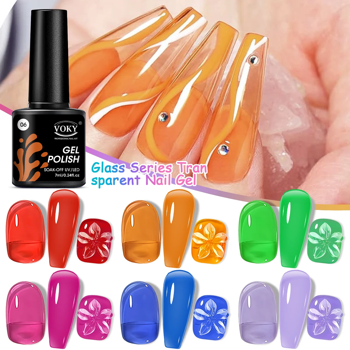 

VOKY 6PCS/SET Clear Amber Nail Gel Set, red/orange/purple, etc., formaldehyde-free, UV/LED curing, nail art salon