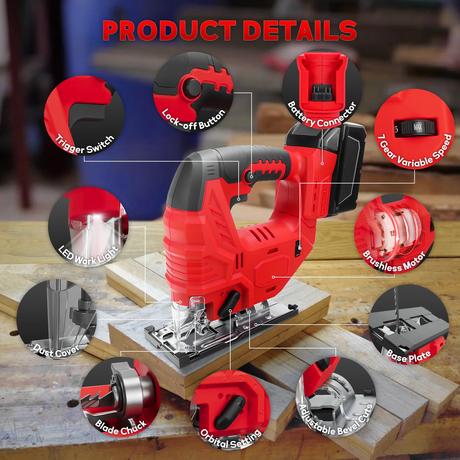 Brushless Jig Saw 7-Speeds Cordless Jigsaw with 0°- 45° Bevel Cuts & 4 Orbital Settings for Milwaukee 18V Battery (No Battery)