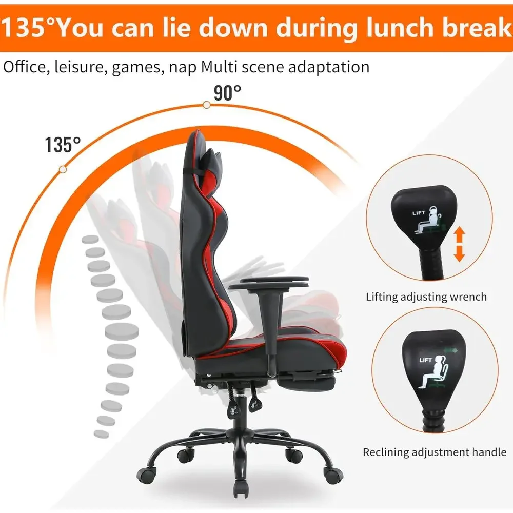 Ergonomic PU Leather Gaming Chair with Lumbar Support and Footrest for Men and Women, Red view 5